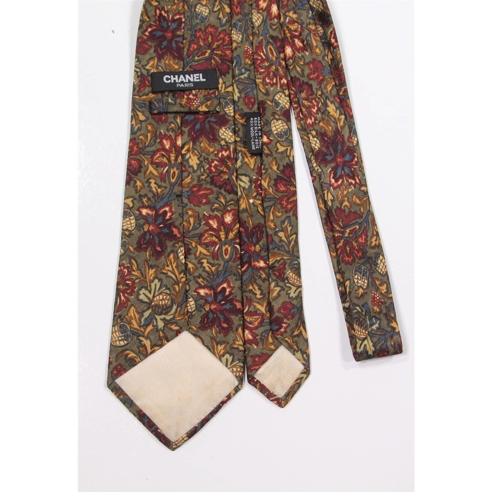 Chanel Paris Green/Burgundy/Blue Floral Fall Colors Silk-Wool Necktie Tie - Picture 4 of 7